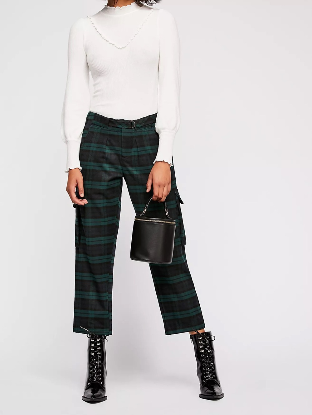 Free People Relaxed Slim Plaid Cargo Pants Green Black Utility